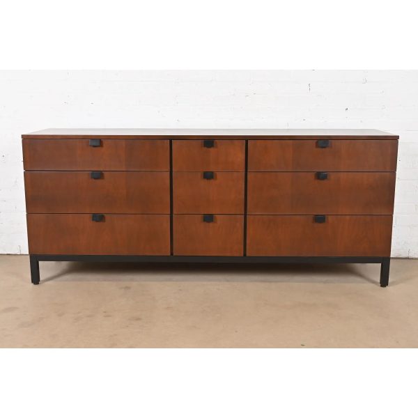 Milo Baughman for Directional Walnut and Ebonized Nine-Drawer Dresser, Newly Refinished