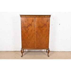 Romweber Style Queen Anne Burl Wood Bookcase or Bar Cabinet, Circa 1930s
