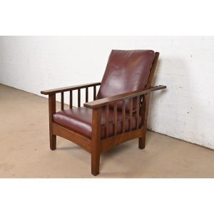 Stickley Brothers Style Antique Mission Oak Arts & Crafts Reclining Morris Lounge Chair, Circa 1900