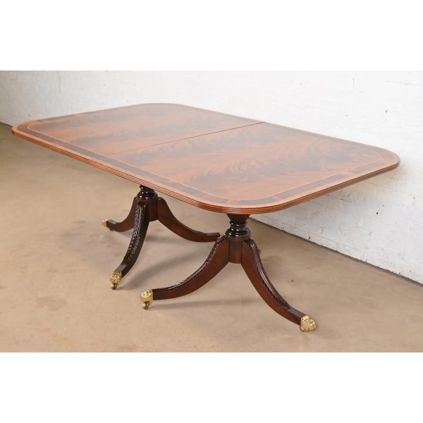 Stickley Georgian Banded Flame Mahogany Double Pedestal Extension Dining Table, Newly Refinished - Image 9