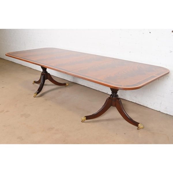 Stickley Georgian Banded Flame Mahogany Double Pedestal Extension Dining Table, Newly Refinished