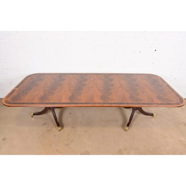 Stickley Georgian Banded Flame Mahogany Double Pedestal Extension Dining Table, Newly Refinished - Image 6