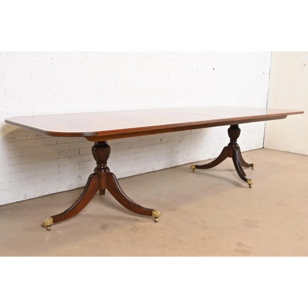 Stickley Georgian Banded Flame Mahogany Double Pedestal Extension Dining Table, Newly Refinished - Image 5