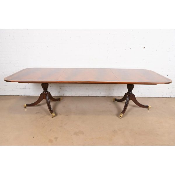 Stickley Georgian Banded Flame Mahogany Double Pedestal Extension Dining Table, Newly Refinished - Image 3