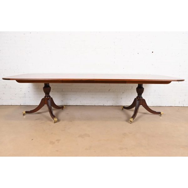 Stickley Georgian Banded Flame Mahogany Double Pedestal Extension Dining Table, Newly Refinished - Image 4