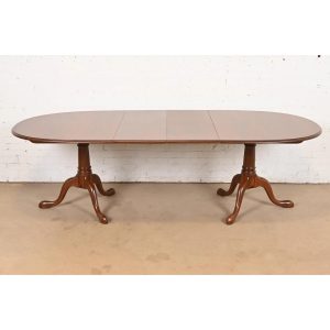 Stickley Georgian Solid Cherry Wood Double Pedestal Extension Dining Table, Newly Refinished