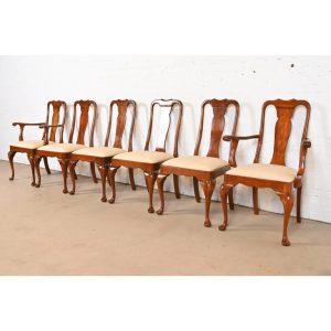 Stickley Queen Anne Carved Solid Cherry Wood Dining Chairs, Set of Six