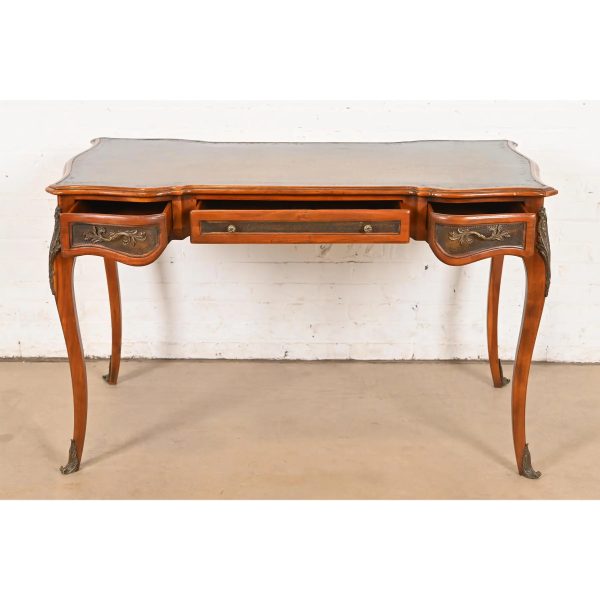 Theodore Alexander French Louis XV Walnut Bureau Plat Leather Top Desk With Mounted Bronze Ormolu - Image 5