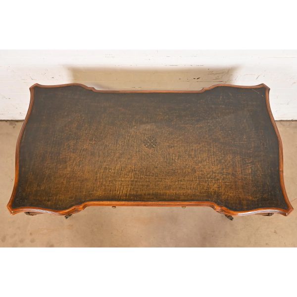 Theodore Alexander French Louis XV Walnut Bureau Plat Leather Top Desk With Mounted Bronze Ormolu - Image 9