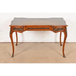 Theodore Alexander French Louis XV Walnut Bureau Plat Leather Top Desk With Mounted Bronze Ormolu