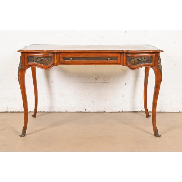 Theodore Alexander French Louis XV Walnut Bureau Plat Leather Top Desk With Mounted Bronze Ormolu - Image 2