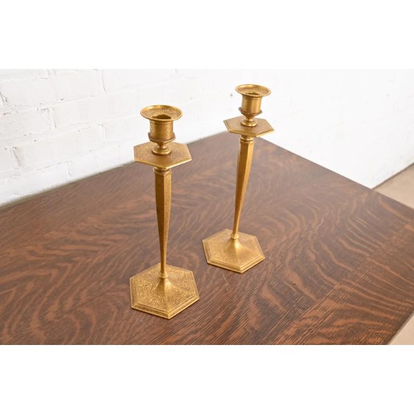 Tiffany Studios New York Bronze Doré Candlesticks, Pair - Image 4