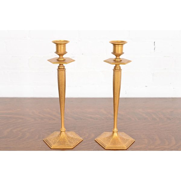 Tiffany Studios New York Bronze Doré Candlesticks, Pair - Image 2
