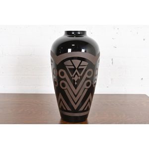 VerMer France Art Deco Large Frosted Black Opaline Glass Vase, 1930s