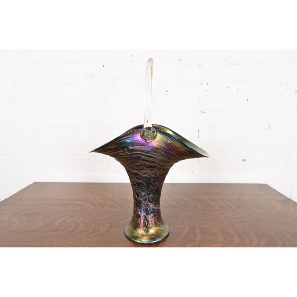 Wilhelm Kralik Sohn Art Nouveau Iridescent Art Glass Large Basket or Vase, Circa 1900 - Image 8