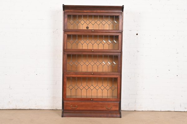 Globe Wernicke Antique Arts & Crafts Mahogany Four-Stack Barrister Bookcase With Leaded Glass Doors, Circa 1900