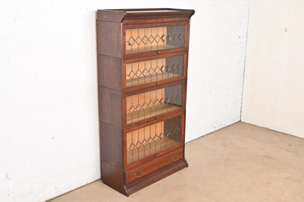 Globe Wernicke Antique Arts & Crafts Mahogany Four-Stack Barrister Bookcase With Leaded Glass Doors, Circa 1900 - Image 4