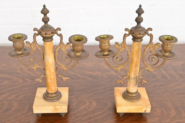 Antique French Art Nouveau Marble and Brass Two-Arm Candelabras, Pair - Image 2