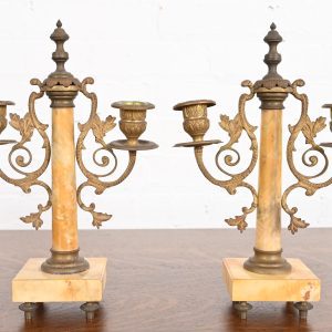 Antique French Art Nouveau Marble and Brass Two-Arm Candelabras, Pair