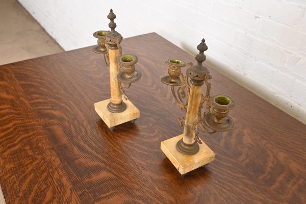 Antique French Art Nouveau Marble and Brass Two-Arm Candelabras, Pair - Image 4