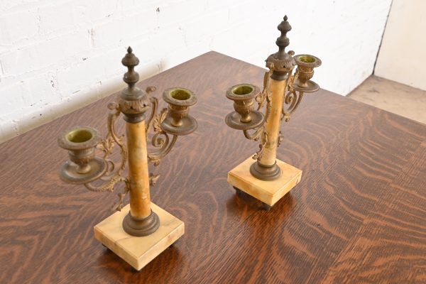 Antique French Art Nouveau Marble and Brass Two-Arm Candelabras, Pair - Image 3