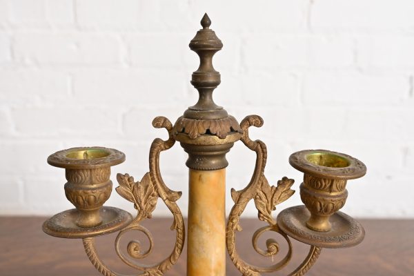 Antique French Art Nouveau Marble and Brass Two-Arm Candelabras, Pair - Image 7