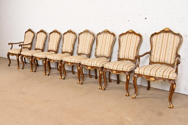 Karges French Provincial Louis XV Carved Walnut and Gold Gilt Dining Chairs, Set of Eight