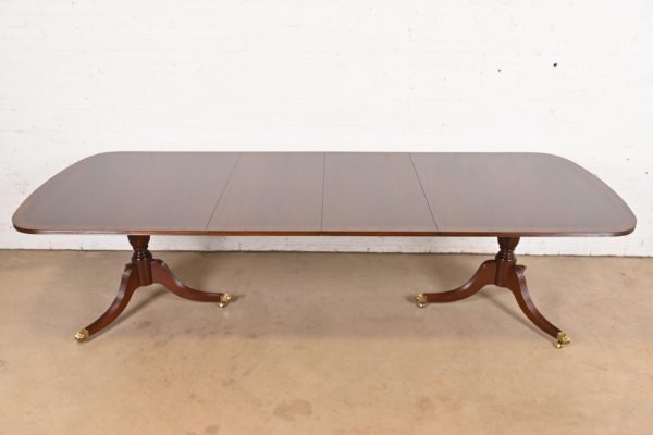 Hickory White Georgian Banded Mahogany Double Pedestal Extension Dining Table, Newly Refinished - Image 2