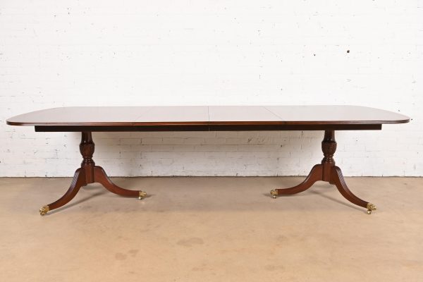 Hickory White Georgian Banded Mahogany Double Pedestal Extension Dining Table, Newly Refinished - Image 3