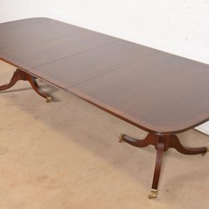 Hickory White Georgian Banded Mahogany Double Pedestal Extension Dining Table, Newly Refinished
