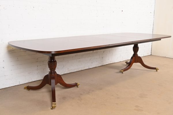 Hickory White Georgian Banded Mahogany Double Pedestal Extension Dining Table, Newly Refinished - Image 4