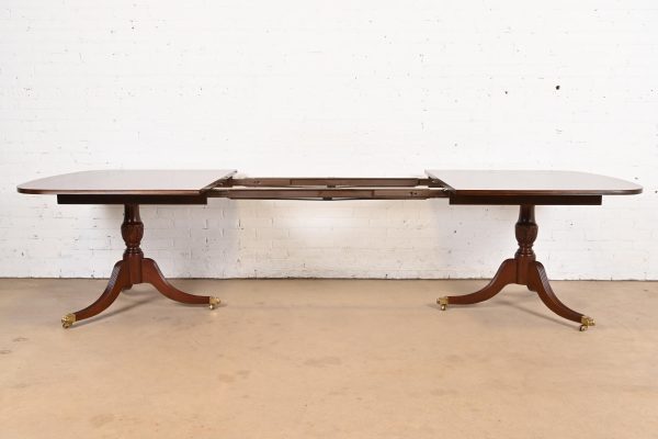 Hickory White Georgian Banded Mahogany Double Pedestal Extension Dining Table, Newly Refinished - Image 6