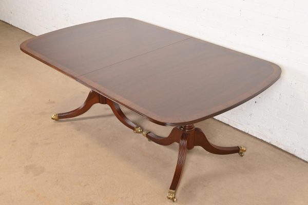 Hickory White Georgian Banded Mahogany Double Pedestal Extension Dining Table, Newly Refinished - Image 8