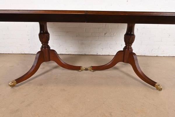 Hickory White Georgian Banded Mahogany Double Pedestal Extension Dining Table, Newly Refinished - Image 10