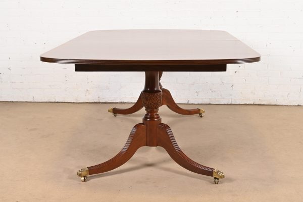 Hickory White Georgian Banded Mahogany Double Pedestal Extension Dining Table, Newly Refinished - Image 11
