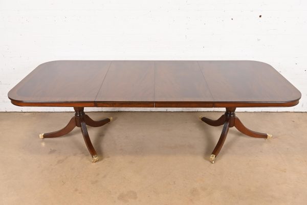 Baker Furniture Style Georgian Banded Flame Mahogany Double Pedestal Extension Dining Table, Newly Refinished - Image 2