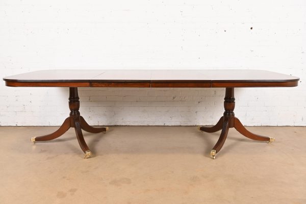 Baker Furniture Style Georgian Banded Flame Mahogany Double Pedestal Extension Dining Table, Newly Refinished - Image 3