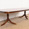 Baker Furniture Style Georgian Banded Flame Mahogany Double Pedestal Extension Dining Table, Newly Refinished - Image 4