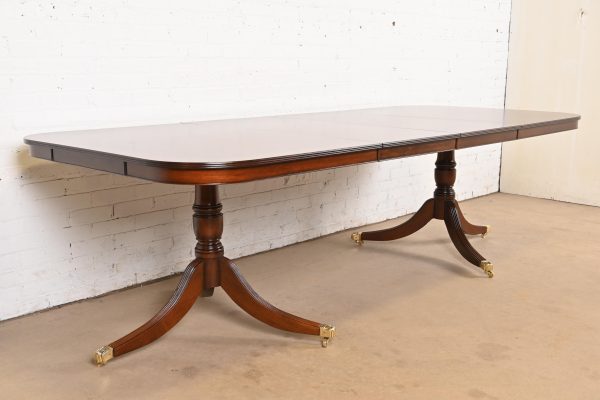 Baker Furniture Style Georgian Banded Flame Mahogany Double Pedestal Extension Dining Table, Newly Refinished - Image 4