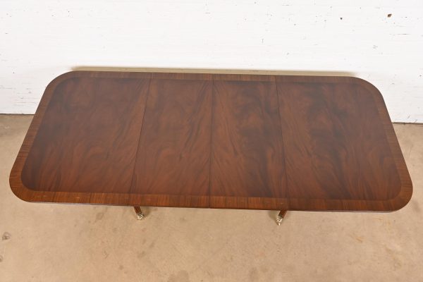 Baker Furniture Style Georgian Banded Flame Mahogany Double Pedestal Extension Dining Table, Newly Refinished - Image 5