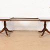 Baker Furniture Style Georgian Banded Flame Mahogany Double Pedestal Extension Dining Table, Newly Refinished - Image 6