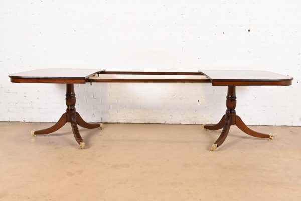 Baker Furniture Style Georgian Banded Flame Mahogany Double Pedestal Extension Dining Table, Newly Refinished - Image 6