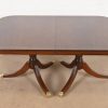 Baker Furniture Style Georgian Banded Flame Mahogany Double Pedestal Extension Dining Table, Newly Refinished - Image 7