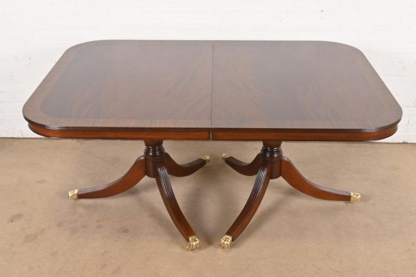 Baker Furniture Style Georgian Banded Flame Mahogany Double Pedestal Extension Dining Table, Newly Refinished - Image 7