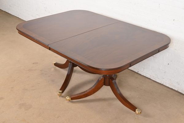 Baker Furniture Style Georgian Banded Flame Mahogany Double Pedestal Extension Dining Table, Newly Refinished - Image 8