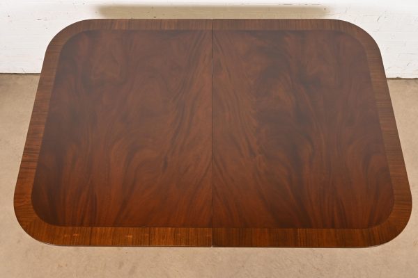 Baker Furniture Style Georgian Banded Flame Mahogany Double Pedestal Extension Dining Table, Newly Refinished - Image 9