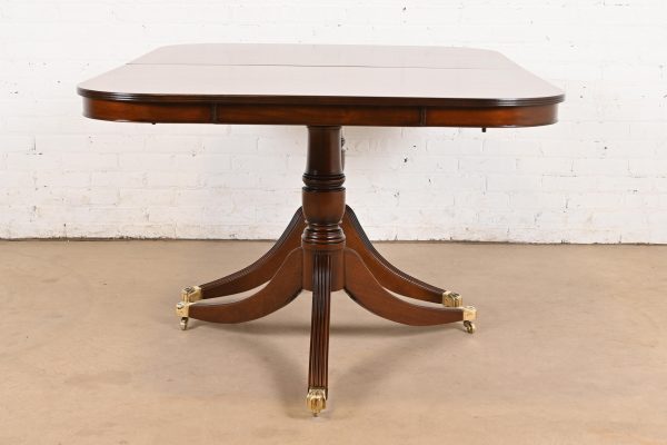 Baker Furniture Style Georgian Banded Flame Mahogany Double Pedestal Extension Dining Table, Newly Refinished - Image 11