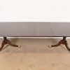 Baker Furniture Style Georgian Banded Mahogany Double Pedestal Extension Dining Table, Newly Refinished
