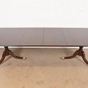 Baker Furniture Style Georgian Banded Mahogany Double Pedestal Extension Dining Table, Newly Refinished
