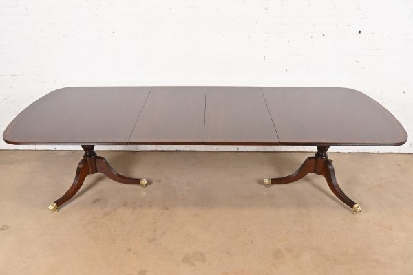 Baker Furniture Style Georgian Banded Mahogany Double Pedestal Extension Dining Table, Newly Refinished